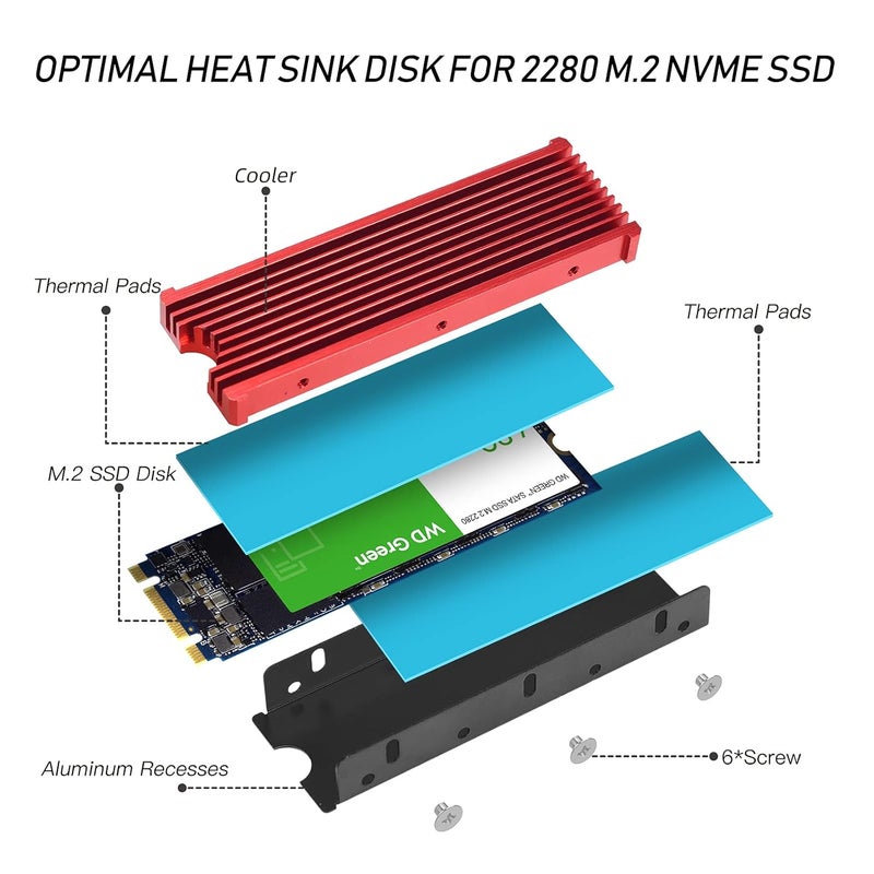 DAMOMCO مشتت حرارة M.2 SSD NVMe لسامسونج 990 980 برو 970 EVO بلس SN570 SN750 SN850 Firecuda 530 مع وسادة حرارية سيليكون، أحمر - Image 5